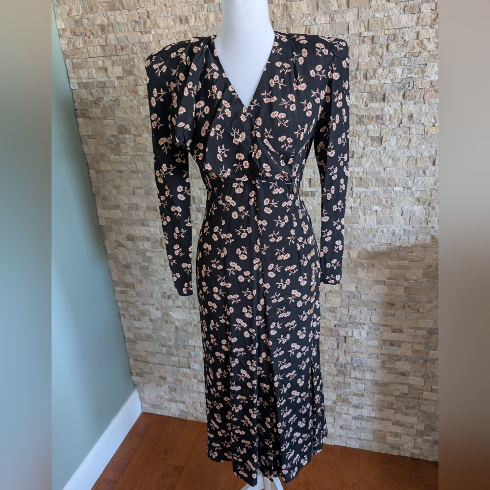 Vintage 90s Black Floral Dress Shoulder Pads Ruffle Slit Button Detail Sz 2